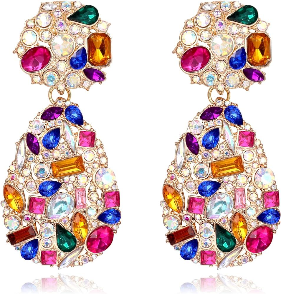Jstyle Clip on Statement Earrings for Women Girls Rhinestone Rectangle Dangle Earrings for Prom, Cry | Amazon (US)