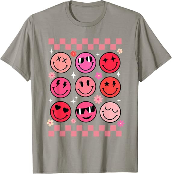 Valentine Retro Groovy Pink Happy Face T-Shirt | Amazon (US)