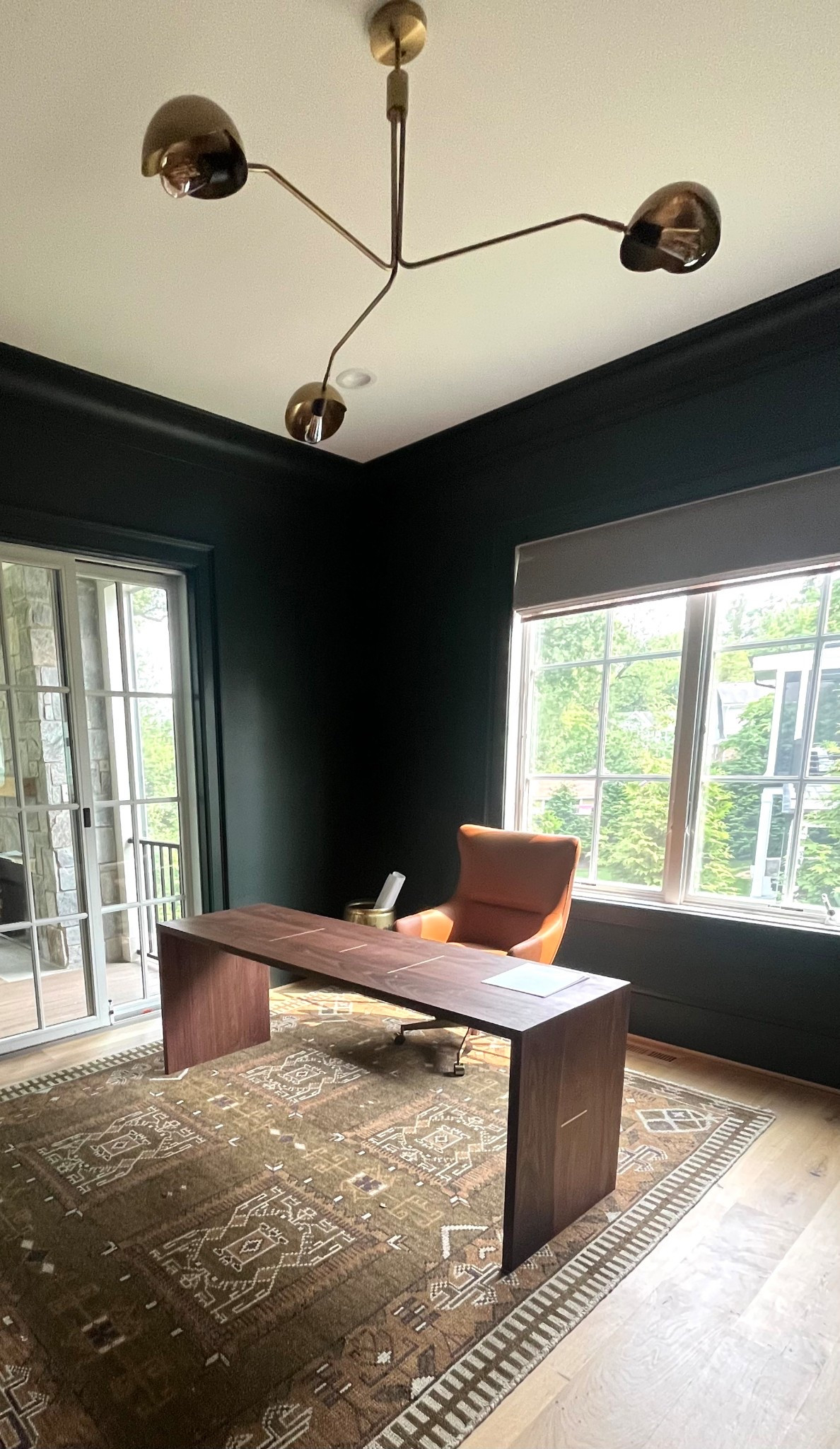 Just a start of a beautiful office space coming together! More to come! Office design. Handmade walnut desk. Brass light fixture. MCM lighting. This rug is amazing! 

#LTKHome