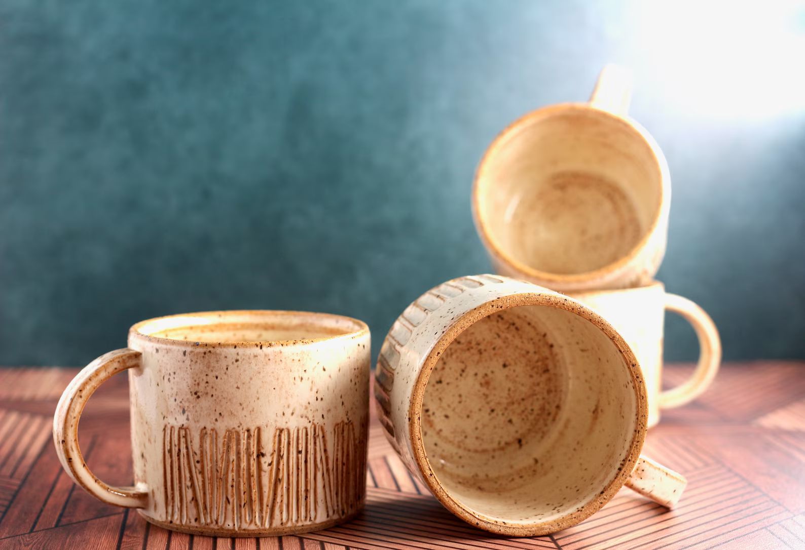 Handmade Carved Stoneware Mug - Short speckled mug with vanilla glaze | Etsy (US)