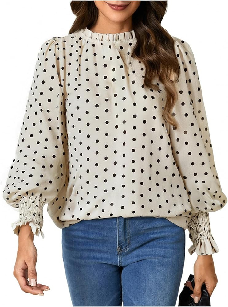 Women's Polka Dots Mock Neck Blouse Ruffle Long Sleeve Frill Trim Vintage Work Shirts | Amazon (US)