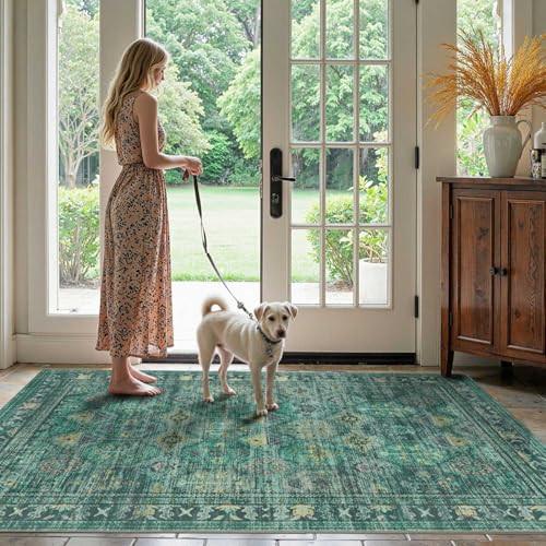 Rugxara Teal Rug for Living Room Bedroom, Green Washable Christmas Rug, Vintage Retro Boho Area Rugs, Non Slip & Low Pile Wool Accent Carpet for Indoor Dining Room,Kids Room and Office(Teal 4x6ft) | Amazon (US)