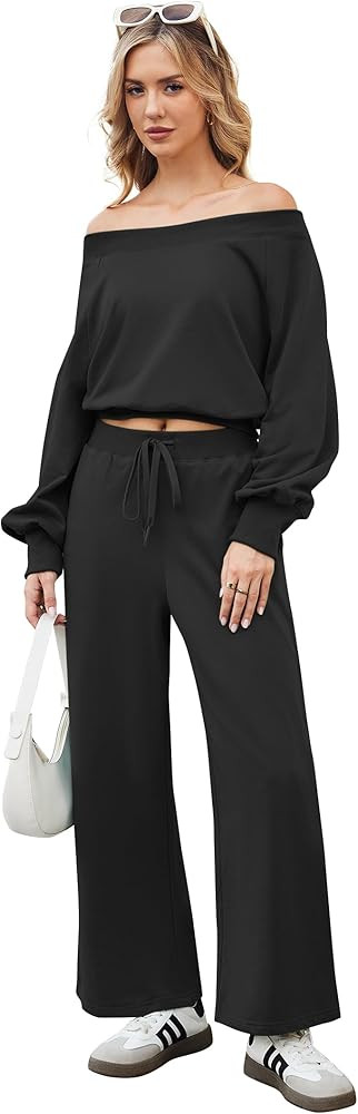 Women's 2 Piece Outfits Lounge Matching Set Off Shoulder Sweatshirt Long Sleeve Top Wide Leg Swea... | Amazon (US)