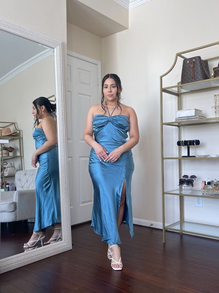 Spring wedding guest dress inspo 
Blue halter neck dress: medium 
White heels: 6.5 
Gold jewelry 

Bridesmaid dress • vacation dress • dinner dress • anniversary outfit idea • petite style • amazon fashion finds 

#LTKfindsunder100 #LTKwedding #LTKSeasonal