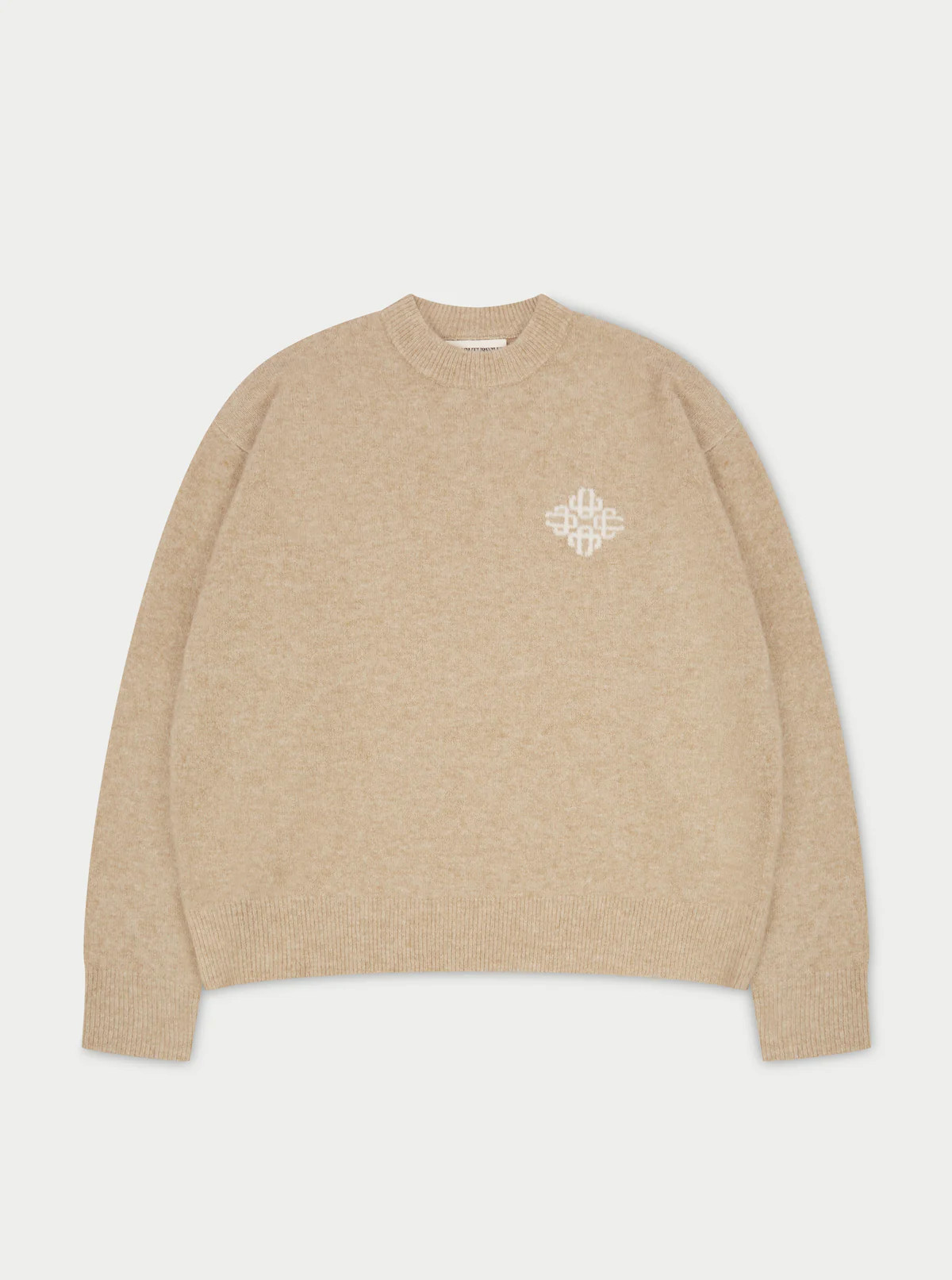 LIGHTWEIGHT FLUFFY KNIT EMBLEM CREW - BEIGE | The Couture Club