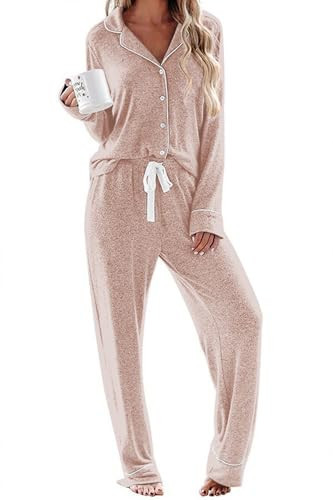 Ekouaer Pink Pajamas Long Sleeve Button Down Sleepwear Cotton Soft Cozy Two Piece Pjs for Women Set Casual Wear Light Pink,Large | Amazon (US)