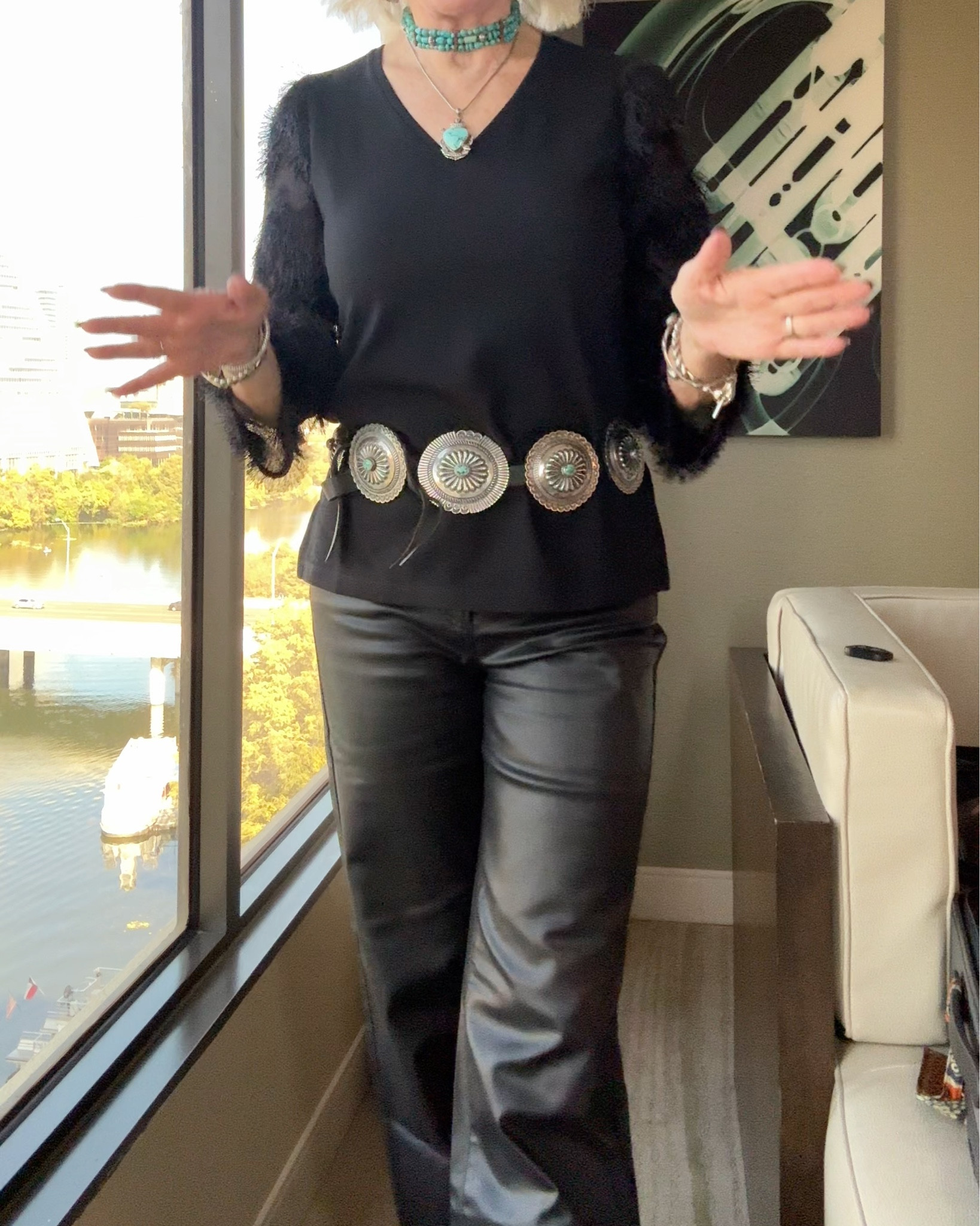 Fringe sleeve Ponte knit top with fringe sleeves. High rise wide leg coated denim jeans. Both on sale from Chico’s. 
Black leather booties with riding heel by Veronica Beard 
Silver concho belt 
Turquoise jewelry

#LTKStyleTip #LTKSaleAlert #LTKFindsUnder50