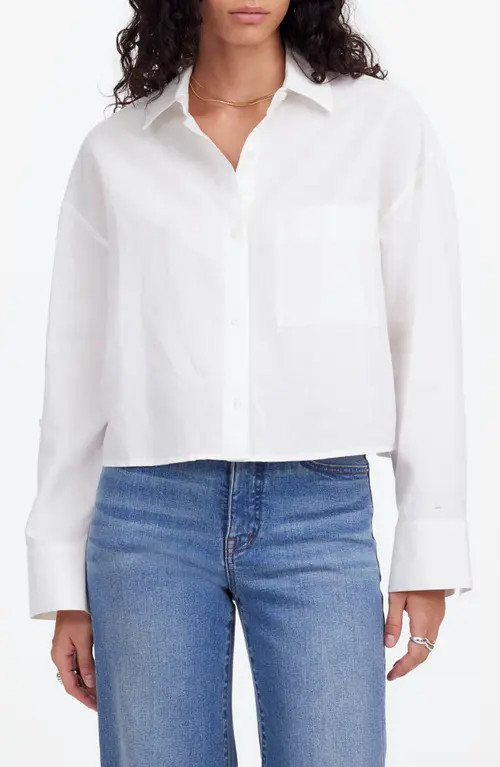 Madewell Straight Hem Crop Linen & Cotton Button-Up Shirt in White at Nordstrom, Size Medium | Nordstrom