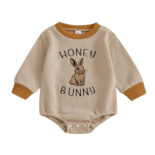 Nibbcoa Easter Baby Girl Boy Outfit Honey Bunny Waffle Bodysuit Rabbit Bubble Romper Cute One Piece Spring Outfit (Khaki, 0-3 Months) | Amazon (US)