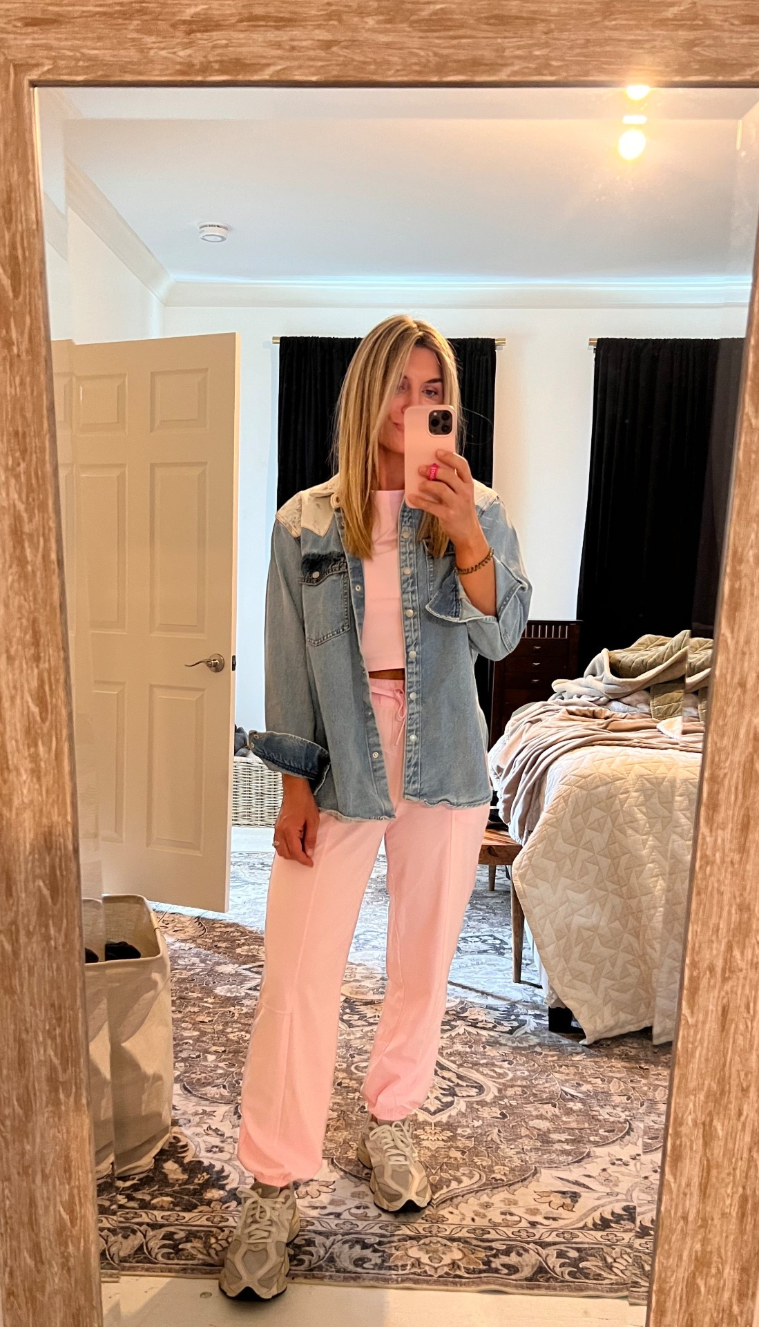 Tee: large for length
Denim shirt: small
Joggers: small

Casual style, comfy, matching set, activewear, athleisure 

#LTKSaleAlert #LTKActive #LTKootd