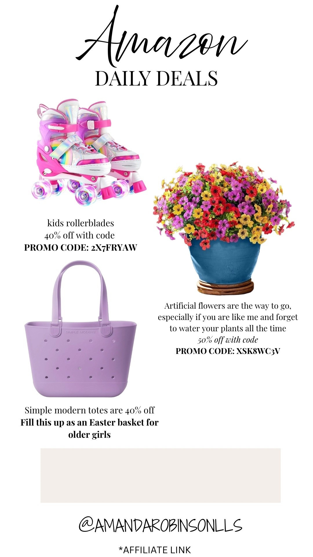Amazon daily deals
Rollerblades for kids
Artificial flowers 
Simple modern rubber tote 

#LTKKids #LTKSaleAlert #LTKHome