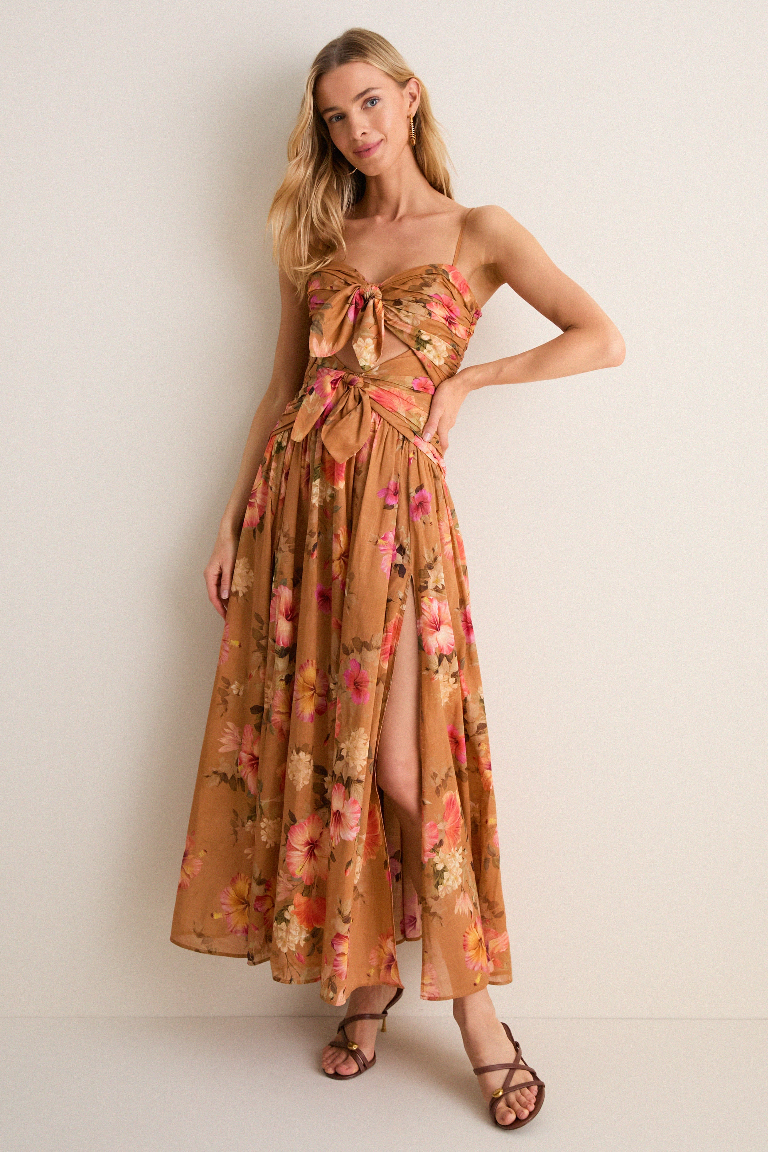 Tan Hibiscus Mahon Tie Front Midi Dress | Tuckernuck (US)