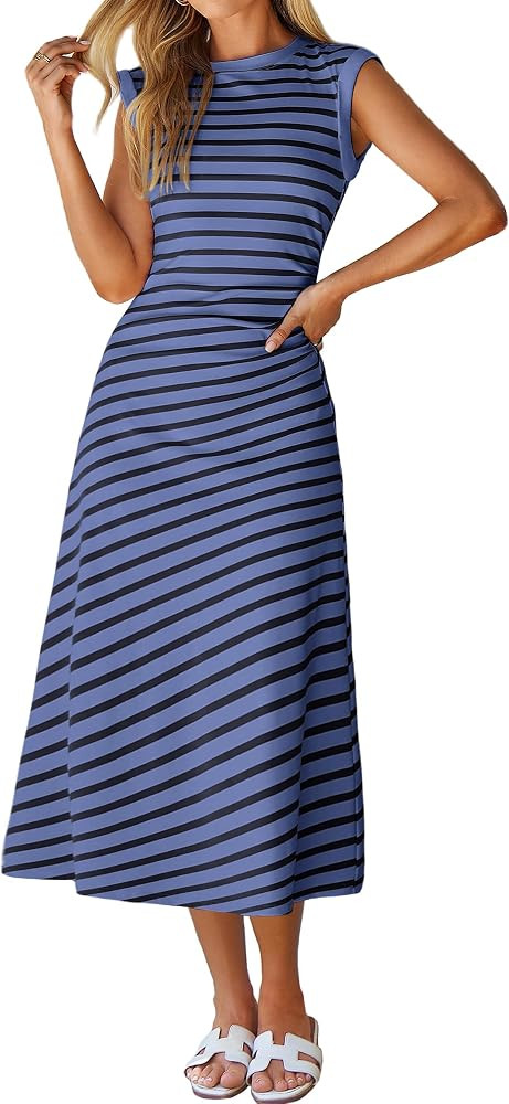 Glamaker Women Summer Tshirt Midi Dress Soft A Line Cap Sleeve Casual Sun Dress for Work Beach Va... | Amazon (US)