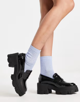 ASOS DESIGN Sloane chunky mid heeled loafers in black patent | ASOS (Global)