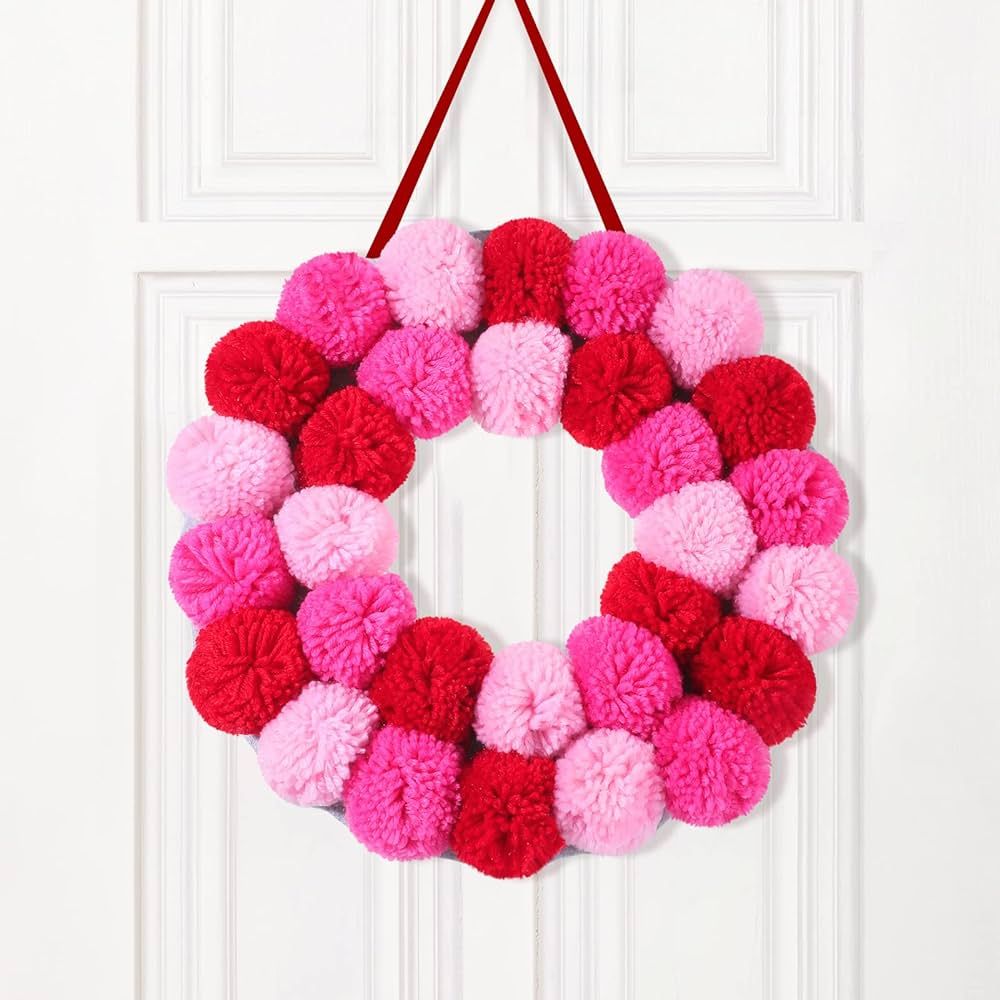 Valentine Day Wreath Felt Pom Pom Wreath Balls 11.8 Inch Valentine Wreath Decorations Colorful Fe... | Amazon (US)