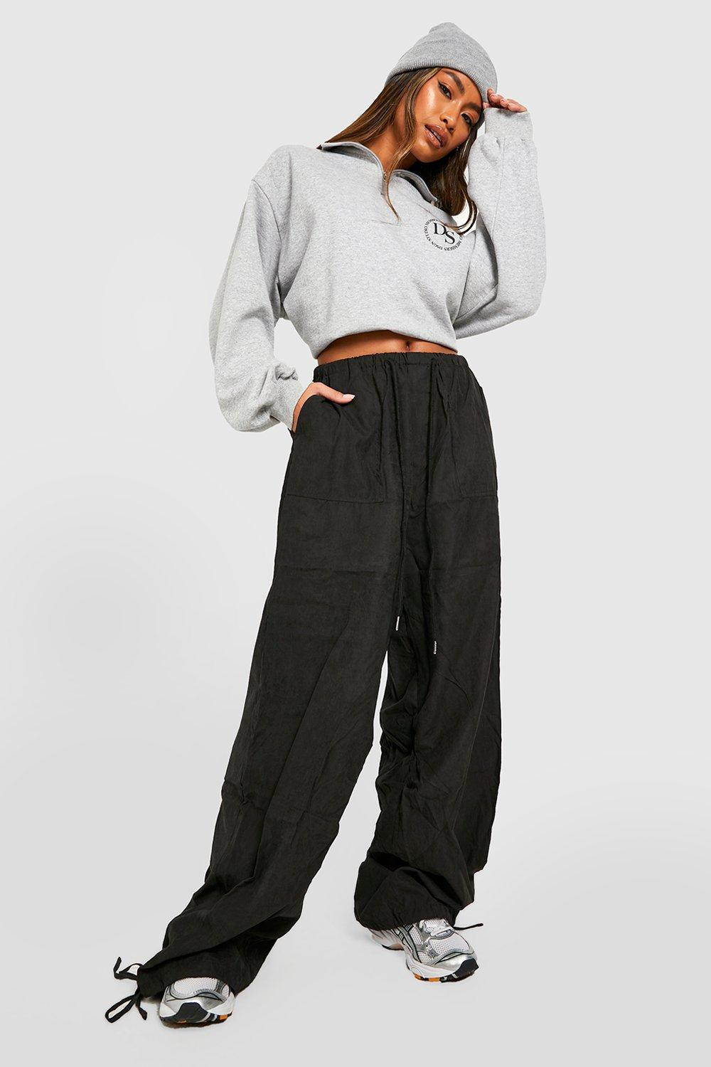 Womens Washed Cotton Parachute Pants - Black - 8 | Boohoo.com (US & CA)