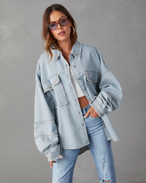 Dolly Cotton Frayed Denim Shacket - Light Wash | VICI