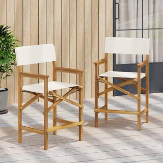 Ringold Modern Patio Solid Wood and Fabric Outdoor Bar Stools, Light Teak + Beige, Set of 2 | The Home Depot