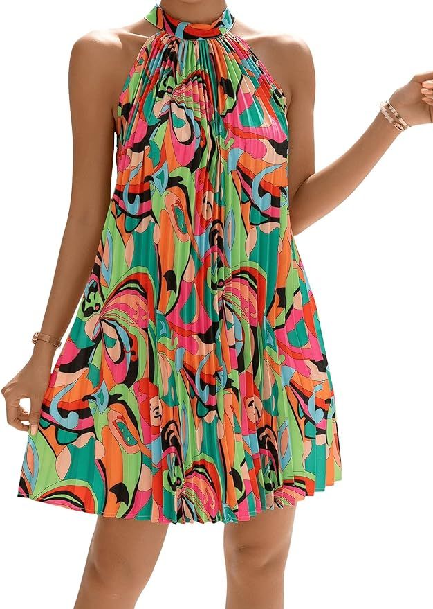 Floerns Women's Summer Floral Print Sleeveless Halter Neck Beach Party Dress | Amazon (US)