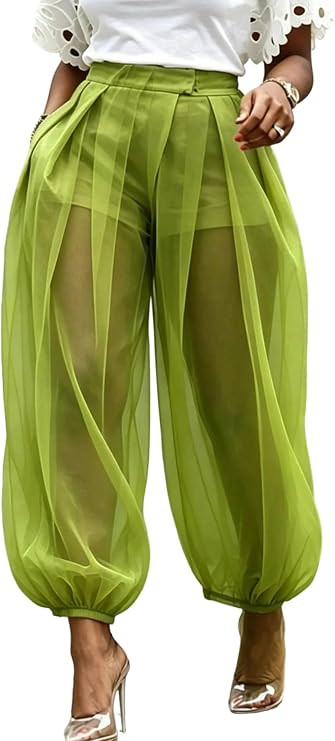 Women's Mesh Balloon Pants Wide Leg Barrel Pants with Shorts | High Waisted Baggy Pleated Harem P... | Amazon (US)