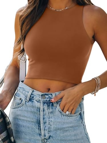 Women’s Sexy Sleeveless High Neck Racerback Cropped Tank Tops Cute Teen Girls Halter Neck Crop Tops Vest Brown Large | Amazon (US)