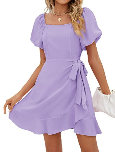 SAMPEEL Womens Summer Dresses Square Neck Puff Sleeve Tie Waist Short Dress | Amazon (US)