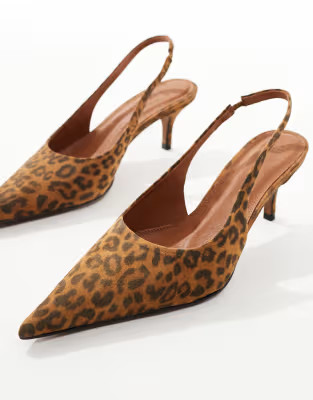 ASOS DESIGN Solo premium leather slingback mid heeled shoes in leopard | ASOS (Global)
