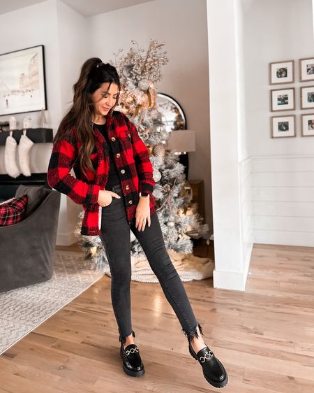 @walmart @walmartfashion loving this cute shacket and these fun shoes for the holiday season. Easy go to look for holiday shopping or heading to the kids school Christmas party. Look festive and cozy! 

#LTKstyletip #LTKshoecrush #LTKHoliday