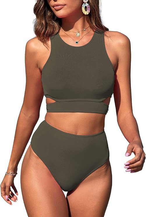ZAFUL Women's Swimsuit High Waisted Bikini Sets Two Piece Swimsuit Scoop Neck Tank Side Cutout Mi... | Amazon (US)