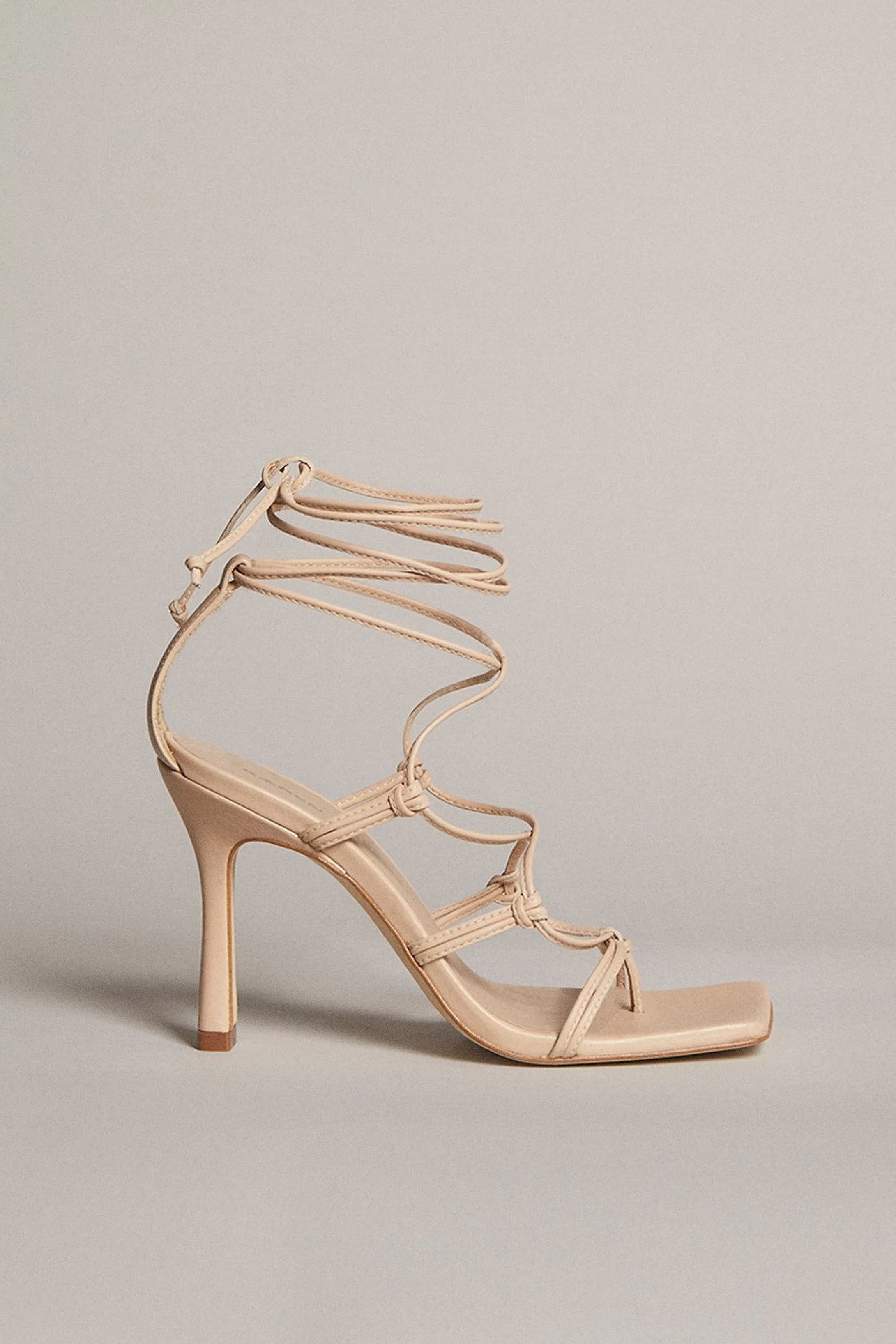 Tie Ankle Strappy Premium Leather Heeled Sandal | Karen Millen UK & IE