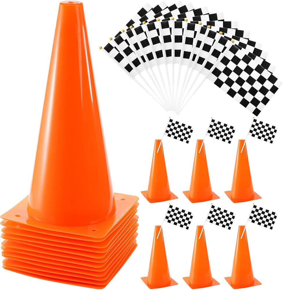 Bekith 12 Pack 12 Inch Plastic Traffic Cones with Racing Chequered Flags, Orange Agility Sports C... | Amazon (US)