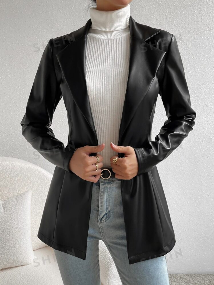 SHEIN Privé Lapel Collar Single Button PU Black Coat | SHEIN