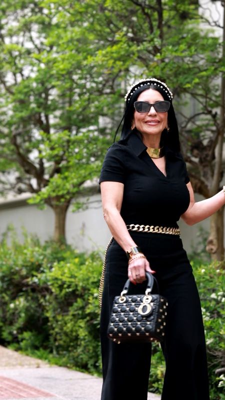 Petite Friendly Black Stretchy Wide leg Jumpsuit 
Gold Chain Link Belt 
Gucci Summer Sandals
Dior Butterfly Bag
Chanel Cat Eye Pearl Sunglasses 
Black + Gold Accessories 
Hermes Large Clic Clac
Black +Gold Headband 
Julie Vos Black + Gold Jewelry 


#LTKshoecrush #LTKstyletip #LTKover40