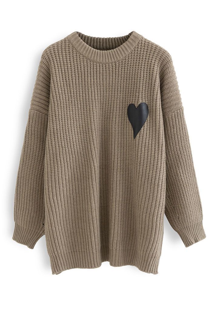 Heart Patch Knit Sweater Dress in Olive | Chicwish