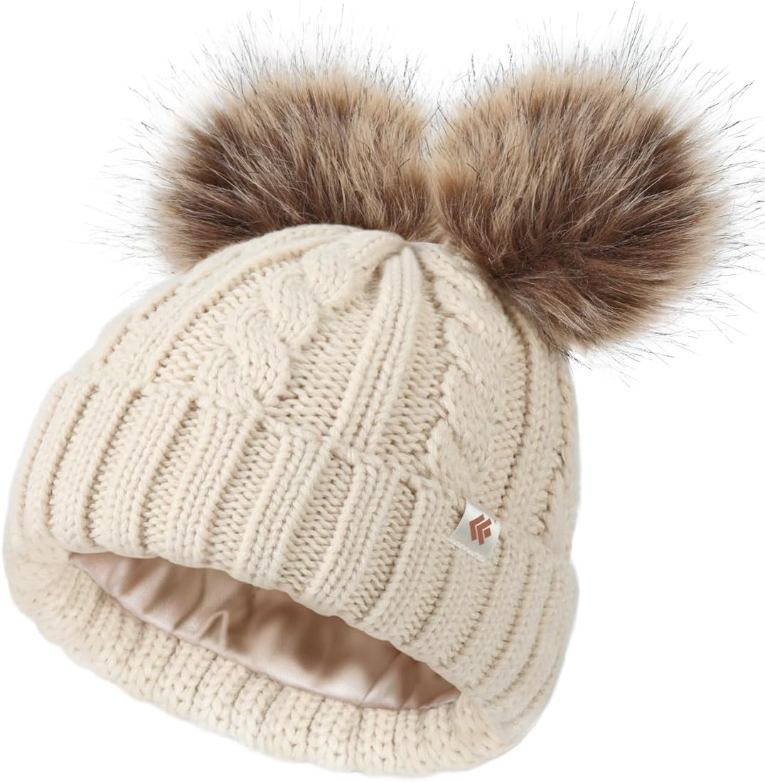 Satin Lined Winter Beanie Hats for Women Girls, Warm Knit Hats with Faux Fur Double Pom Pom Ears | Amazon (US)