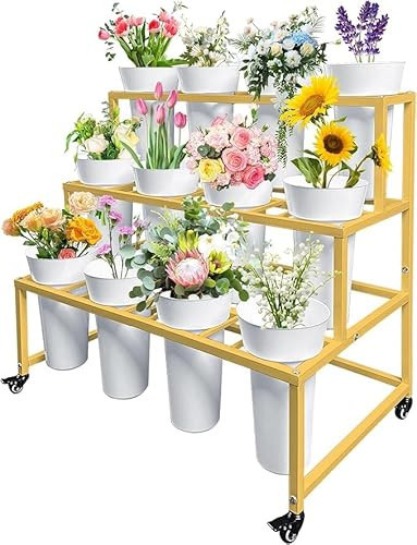 PROLEE Flower Display Stand with 12 Buckets, 3 Layers Flower Cart , Metal Flower Stand with Wheels, Moving Florist Bouquet Shelf, Gold | Amazon (US)