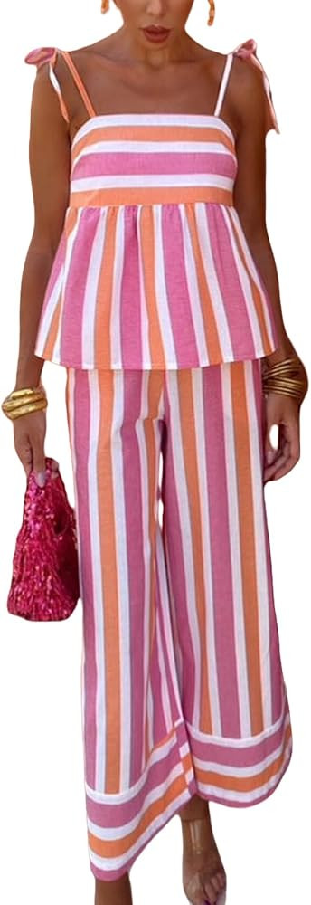 Women Y2K Striped 2 Piece Lounge Sets Tie Shoulder Sleeveless Peplum Shirts Wide Leg Pants Sets C... | Amazon (US)