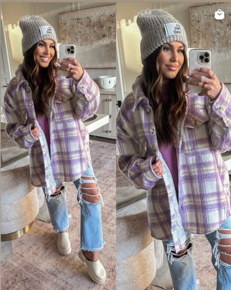 Wearing the Alice Plaid Jacket and Milano Beanie with our Distressed High Waisted Mom Jeans.