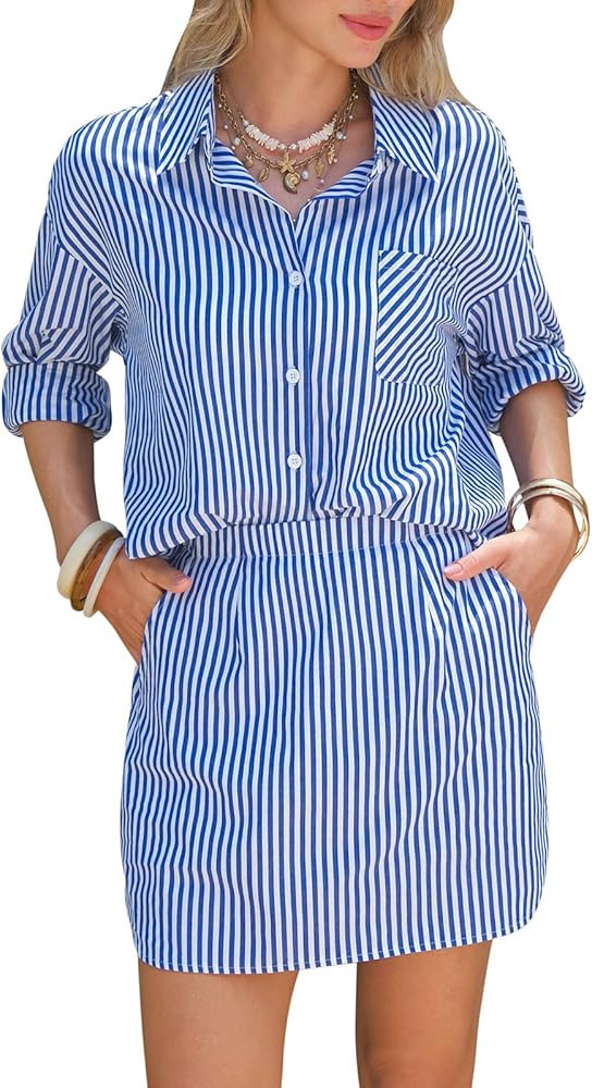 EXLURA Womens Summer 2 Piece Sets 100% Cotton Striped Long Sleeve Button Shirts Matching Skirt Be... | Amazon (US)