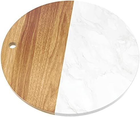 12" Wood and Marble Round Charcuterie Board - Acacia Wood Cheese Board Serving Tray - Charcuterie... | Amazon (US)