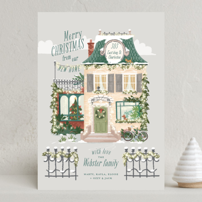 "Little Festive House" - Customizable Holiday Cards in Green by Leia Matt. | Minted