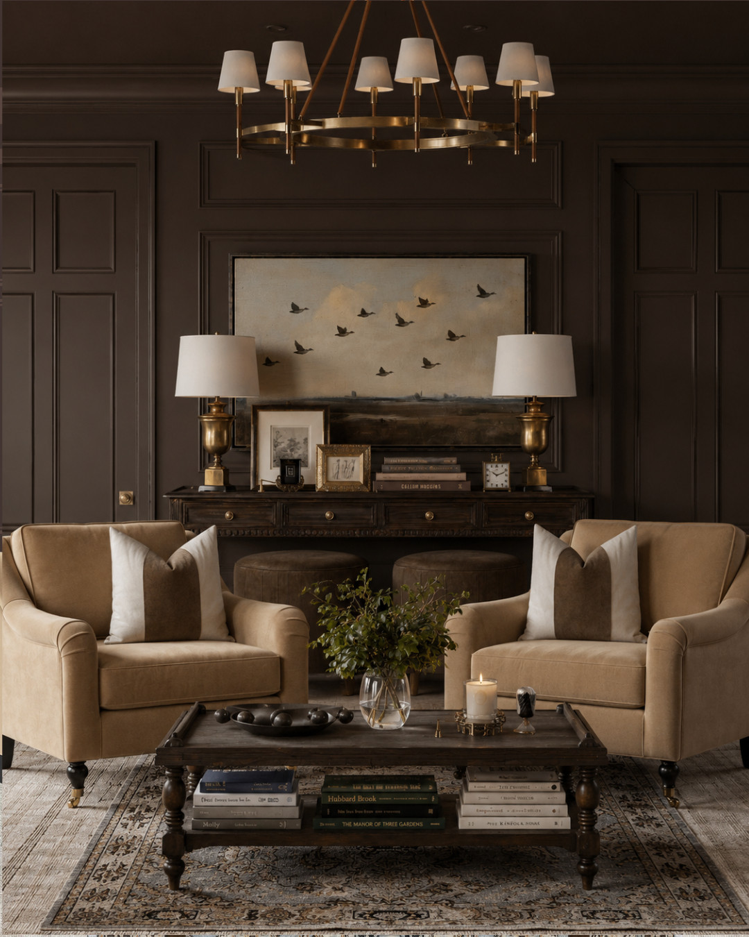 This is how you make a man cave feel grown-up instead of themed. Dark walls, camel upholstery, aged wood, brass lighting, vintage-style art, and a patterned rug create a space that feels layered and intentional.

Design tip: the easiest way to elevate a man cave is to avoid matching sets. Mix wood, leather, brass, pattern, and framed art so the room feels collected over time.

Save this for elevated man cave decor, masculine traditional interiors, moody room ideas, and Ralph Lauren inspired home styling.

I may receive a commission from purchases made through my links. 

 #LTKHome