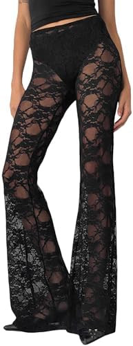 Sunloudy Women Lace Bell Pant Sexy See Through Flare Bottom Leggings Hollow Out Mesh Cover Up Tro... | Amazon (US)