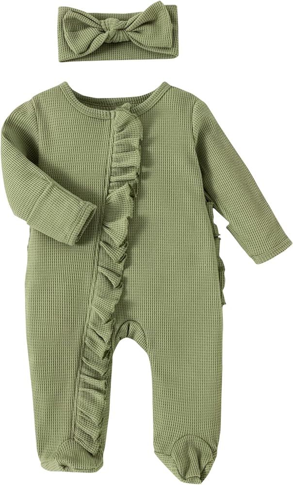 Newborn Baby Girl Boy Footie Romper Coming Home Long Sleeve Ruffle Waffle Knit Zipper Onesie with He | Amazon (US)