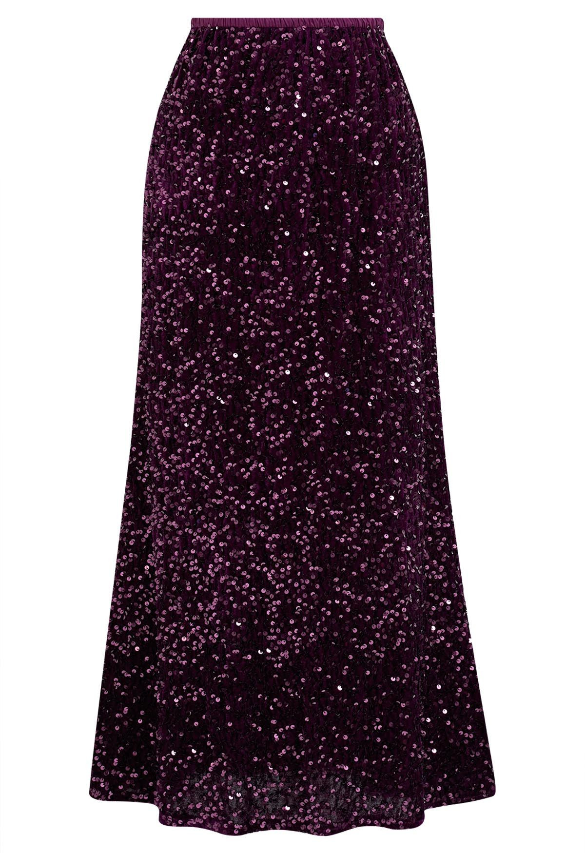 Dazzling Dream Sequin Velvet Maxi Skirt in Purple | Chicwish