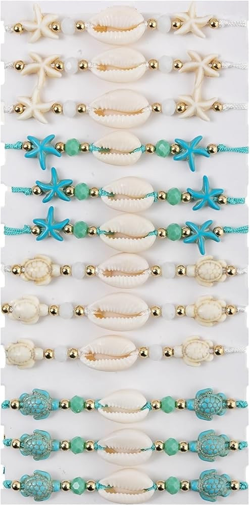 12pcs Sea Shell Turtle Braided Bracelets Handmade Woven Starfish Turquoise Turtle Waterproof Wris... | Amazon (US)