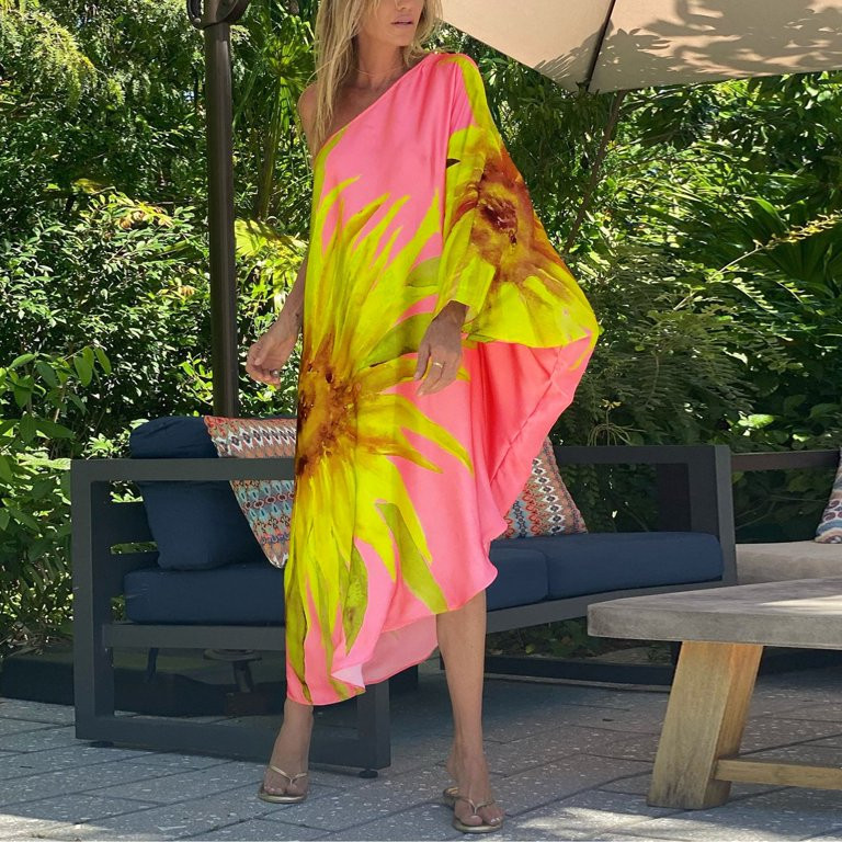 〖TOTO〗Maxi Dresses For Women Asymmetric Beach Coverup Dress Off-The-Shoulder Batwing Sleeve S... | Walmart (US)