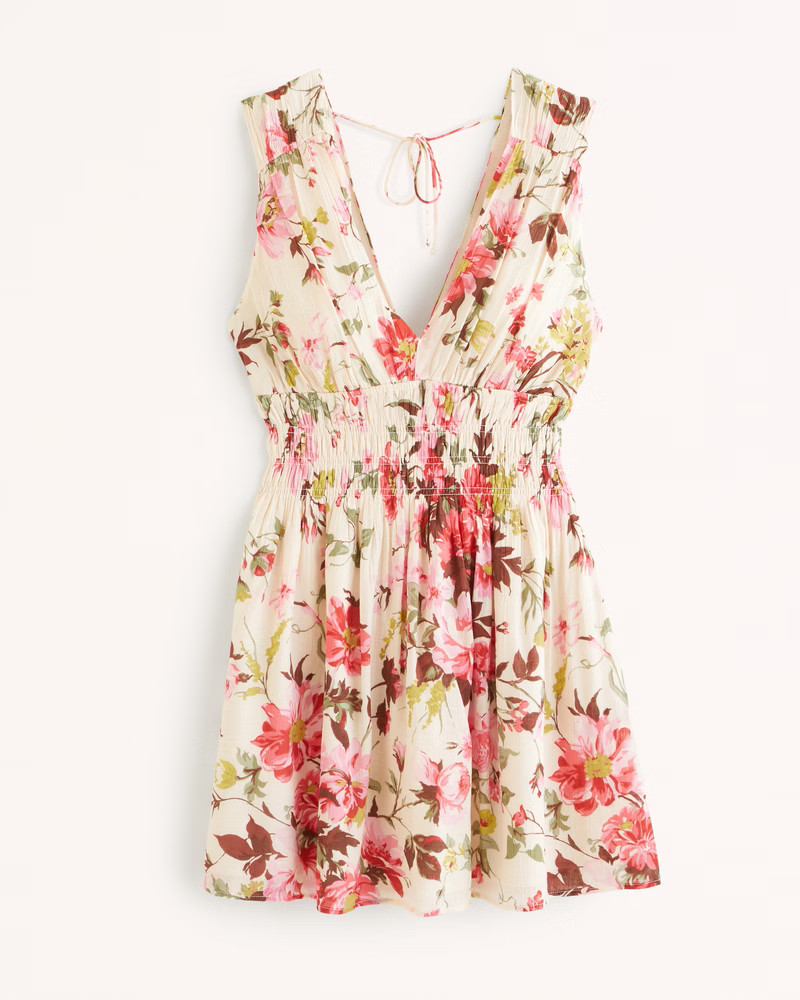 Smocked Plunge Crinkle Mini Dress | Abercrombie & Fitch (US)