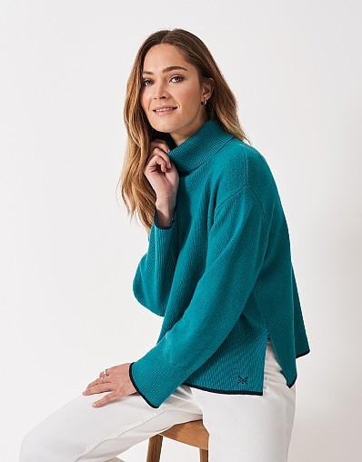 Harmony Merino Blend Drop Shoulder Funnel Neck Jumper in Blue | Crew Clothing (UK)