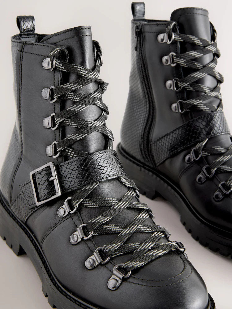 Black Leather Forever Comfort® Buckle Trim Lace Up Boots | Next EU